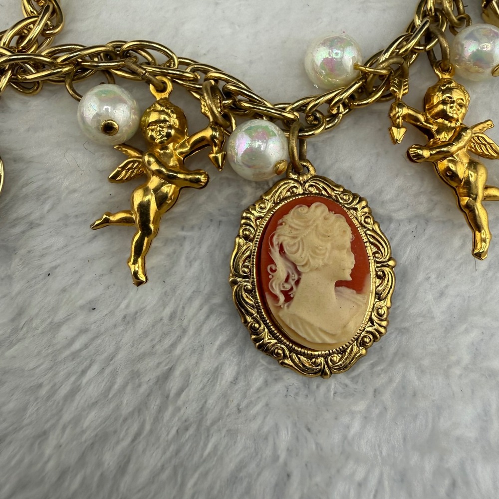 Vintage Charm Necklace Gold Heart Locket Cherub Cameo Faux Pearl 18in READ